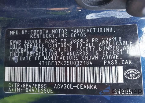 2005 Toyota Camry Le from USA, damaged, VIN 4T1BE32K25U092184